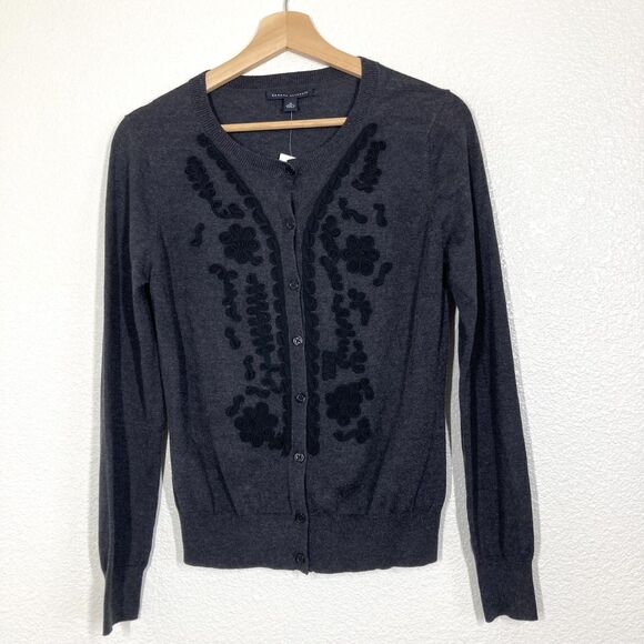 Banana Republic Sweater Womens Medium Gray Silk Blend Applique Cardigan Floral - Picture 1 of 15